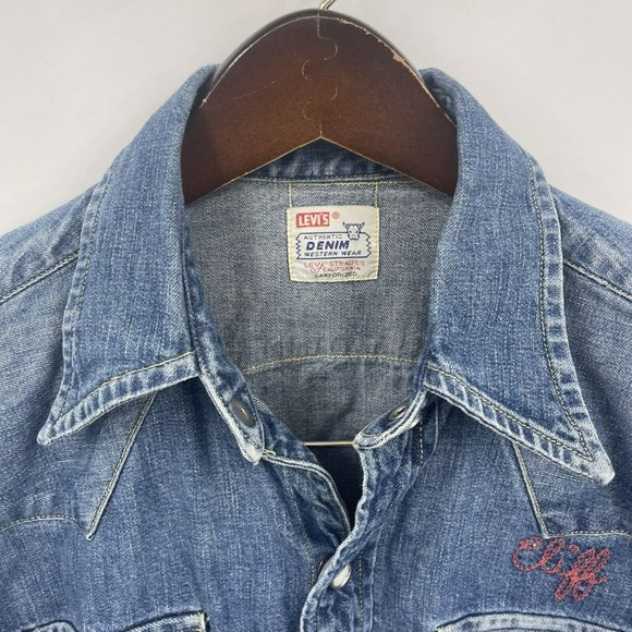 VTG Levi's Big E Sawtooth Short Horn Pearl Snap Button Denim Shirt Sanforized - Picture 14 of 16